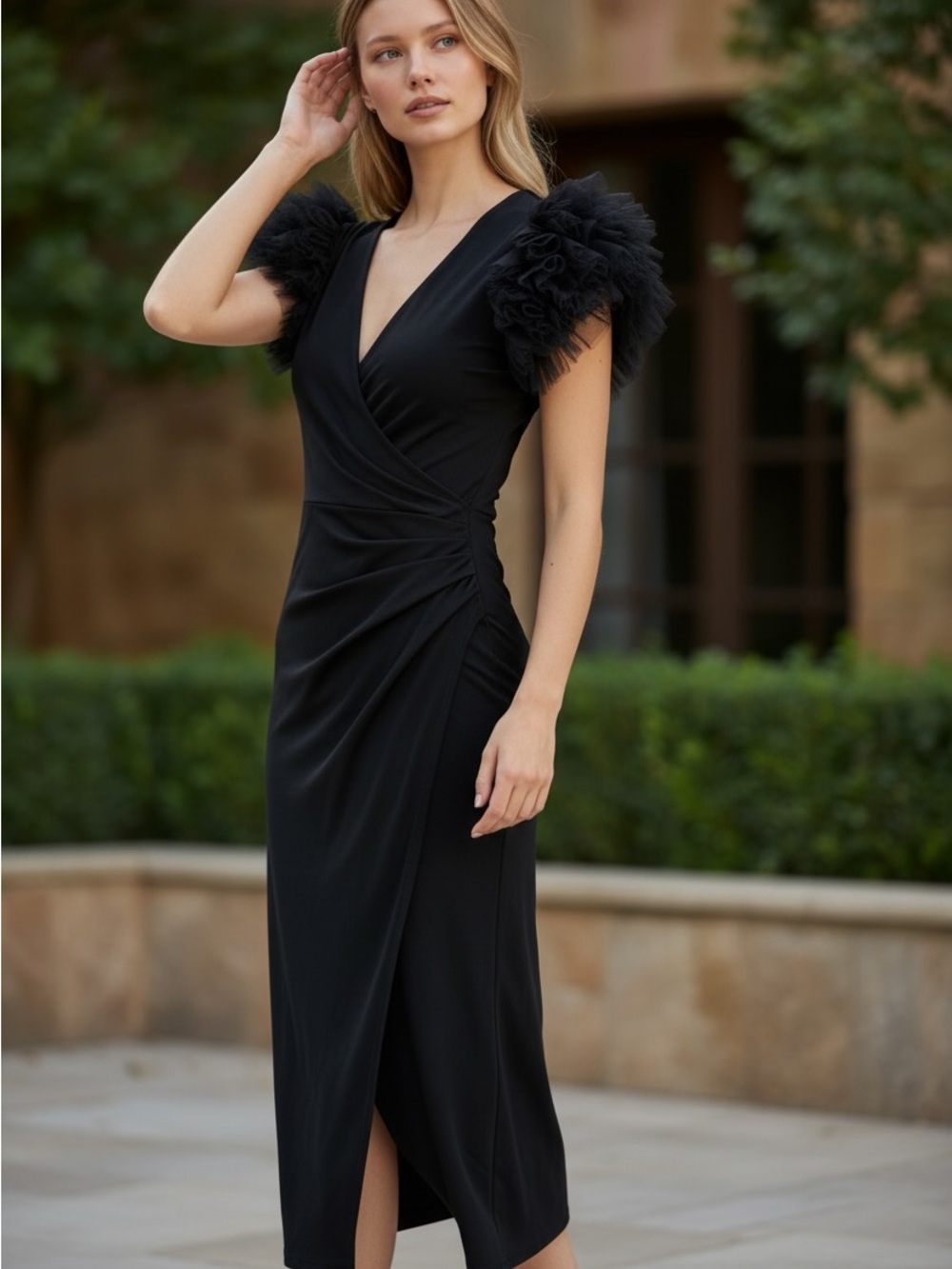 Diane Von Furstenberg Black V-Neck Midi Dress with Tulle Puff Sleeves